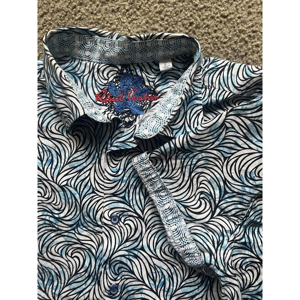 Robert Graham Men's Gleeson Geometric Paisley Floral Print Sport Shirts, Blue, L